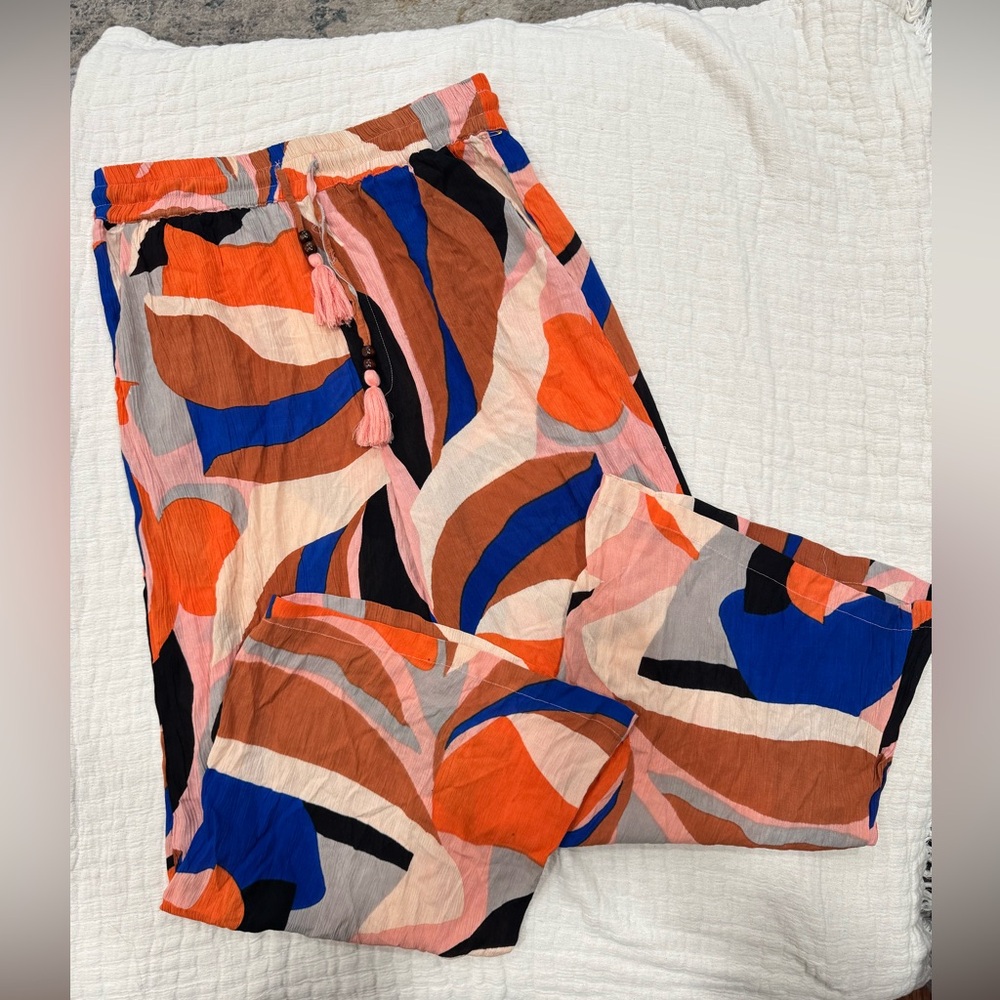 True Destinations Abstract Print Wide-Leg‎ Pants L | Tassel Drawstring
